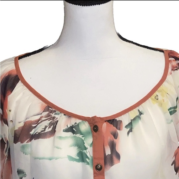 Daytrip Womens Large Button Down Tie Waist Sheer Floral Balloon Slv Blouse - Picture 2 of 12